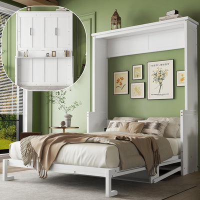 Murphy Bed Queen Size, Hidden Wall Bed Frame with Desk, Solid Wood Cabinet Bed Frame with Gas Struts, No Box Spring Needed, White