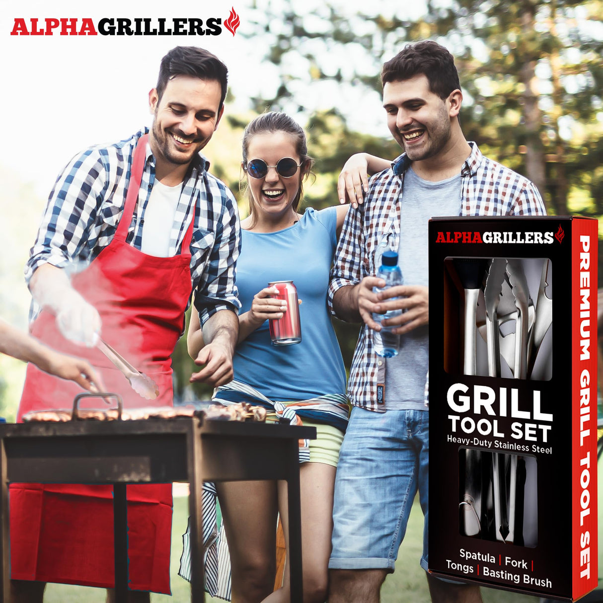 Grilling Accessories - Stainless Steel Heavy Duty Grill Tools Set BBQ Accessories for Outdoor Grill with Spatula, Fork, Brush & Tongs - Grilling Gifts for Men Valentines Day Gifts for Him Alpha Grillers