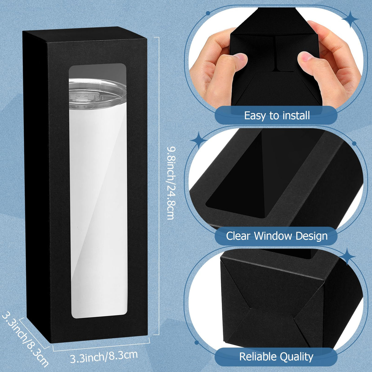 Honoson 24 Pcs Gift Boxes for Sublimation Tumblers Transparent Gift Box with Ribbon for 12oz, 20oz, 30oz Heat Press Sublimation Blanks Skinny Cup for Shipping Gift Wrapping (Black) Honoson