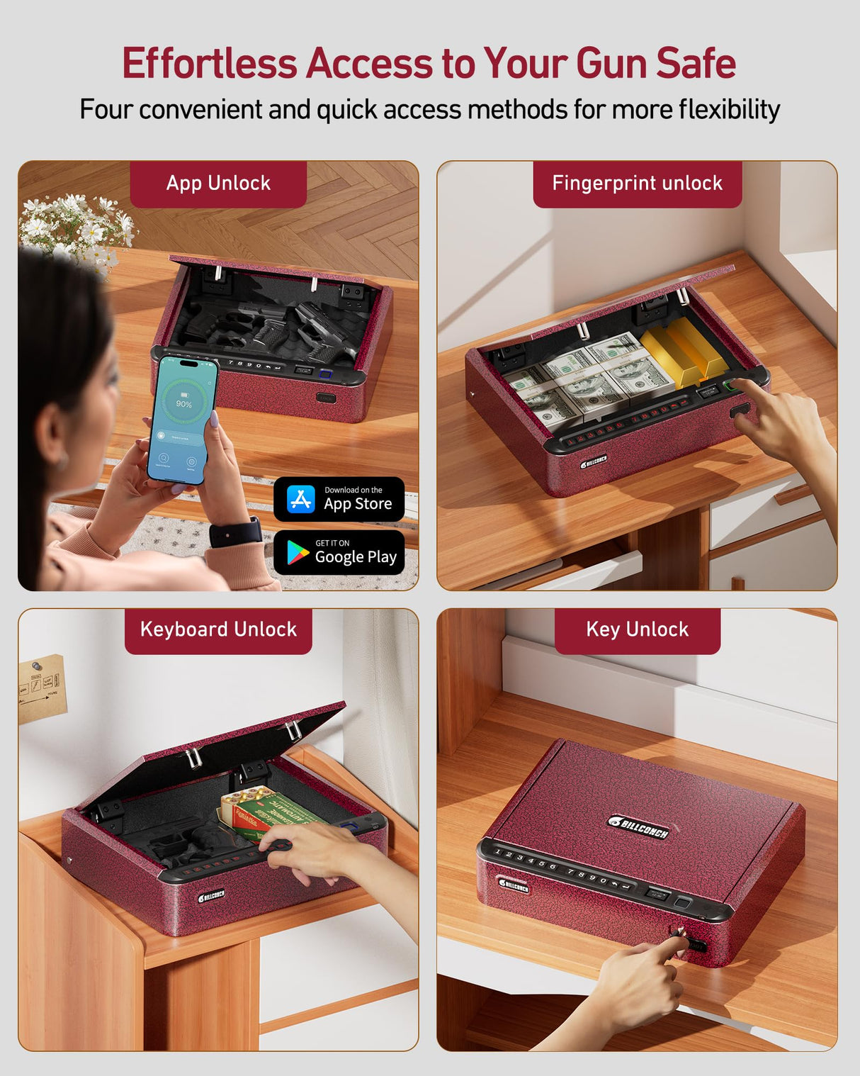 BILLCONCH Smart Gun Safe with Security Cable - Biometric Gun Safe for Handgun 4 Ways Quick Access with Fingerprint/Keypad/Key/APP Lock for Bedside Home Car with LCD/Voice Guide - Burgundy Red BILLCONCH