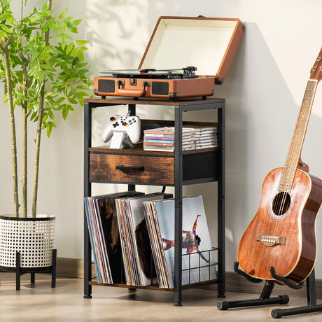 LELELINKY Record Player Stand with Fabric Drawer, 3 Tier AV Media Stands with Charging Station and USB Ports,Turntable Rack with Storage Up to 100 Vinyl Albums, Brown DVD Video Game Console Shelf LELELINKY