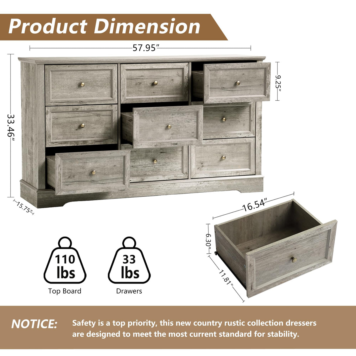 LOUVIXA Farmhouse Dresser 9 Drawer, Bedroom Chest of Drawers, Dressers with 9 Drawers, Wooden Dressers for Bedroom, Living Room, Tv Stand, Entryway (Grey-9 Drawers) LOUVIXA