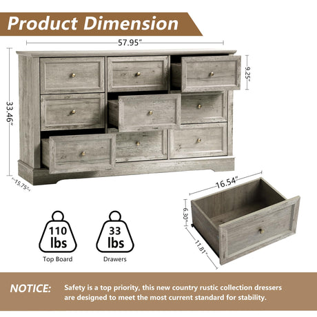 LOUVIXA Farmhouse Dresser 9 Drawer, Bedroom Chest of Drawers, Dressers with 9 Drawers, Wooden Dressers for Bedroom, Living Room, Tv Stand, Entryway (Grey-9 Drawers) LOUVIXA