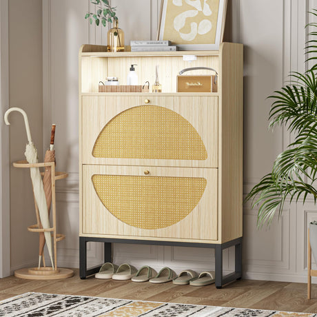 FiveWillowise Shoe Storage Cabinet, Rattan Shoe Cabinet with 2 Flip Drawers & Sensor Light for Entryway, Narrow Free Standing Shoe Racks for Entryway, Hallway, Home, Beige FiveWillowise