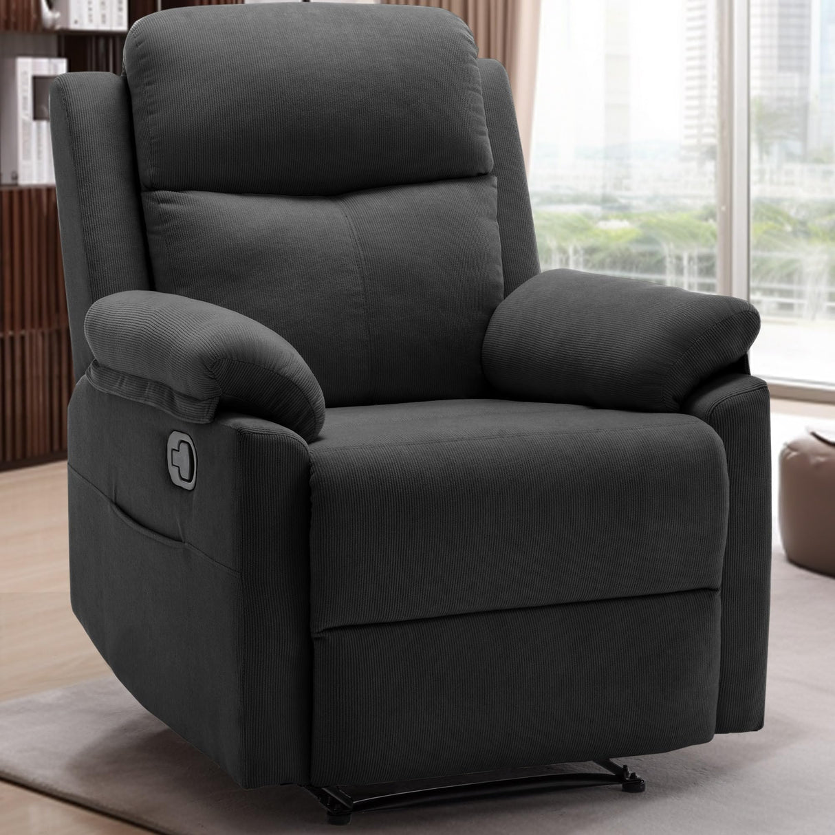 Recliner Chair for Adults, Small Recliner Chair for Small Spaces, Upholstered Corduroy Manual Recliner with Side Pockets, Reclining Chair for Living Room, Nursery, Black Korser