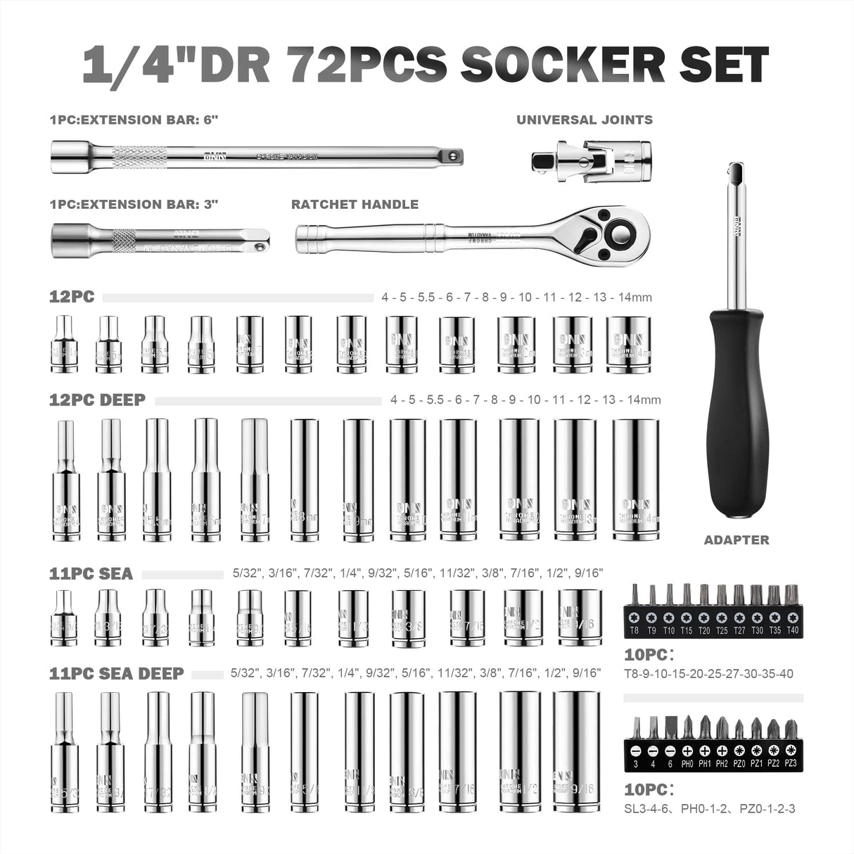 DNA MOTORING TOOLS-00144 72-Piece 1/4" Drive Socket Set with Ratchets, Adapters, Extensions - 4mm -14mm, 5/32 Inch- 9/16 Inch, Cr-V DNA MOTORING