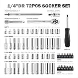 DNA MOTORING TOOLS-00144 72-Piece 1/4" Drive Socket Set with Ratchets, Adapters, Extensions - 4mm -14mm, 5/32 Inch- 9/16 Inch, Cr-V DNA MOTORING