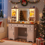 EnHomee Vanity Desk with Mirror and Lights, 43" White Makeup Vanity Desk with 5 Drawers & 2 RGB Glass Cabinets, Adjustable 3 LED Lights for Bedroom, Farmhouse Dressing Table for Women EnHomee