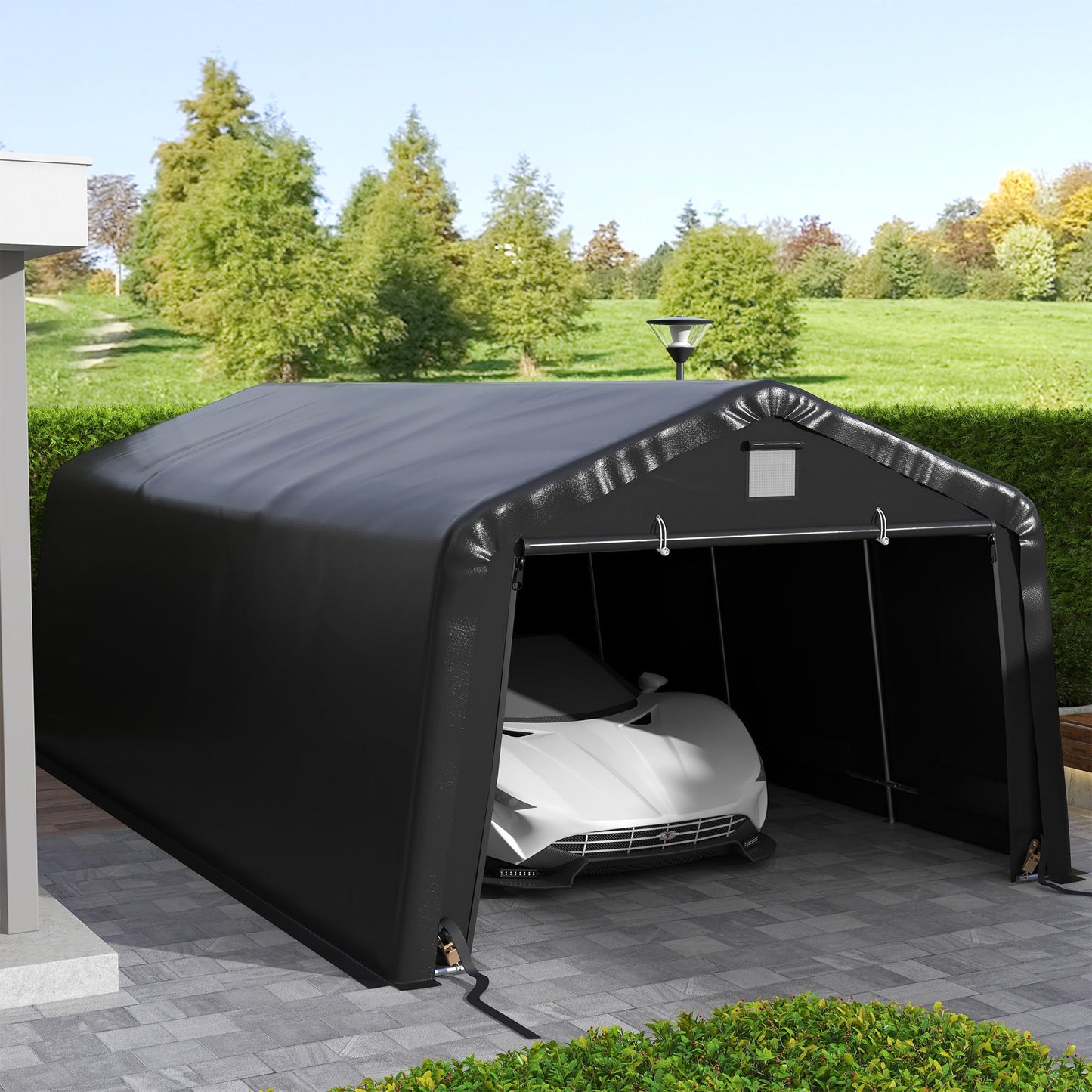 Outsunny 12' x 20' Heavy Duty Carport, Portable Garage Canopy Tent with 2 Ventilation Windows and Large Door, for Car, Truck, Boat, Motorcycle, Bike, Garden Tools, Black