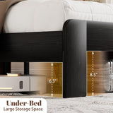 QNICE Wooden King Size Bed Frame with Storage Headboard & Charging Station, Farmhouse Platform Bedframe with LED Lights & Metal Slats Support, Easy Assembly (Rustic Black) QNICE