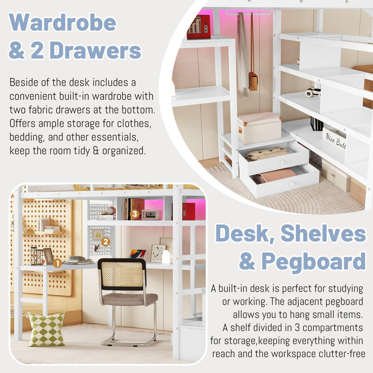 MoproBeti Full Size Loft Bed with Desk and Stairs,Metal Gaming Loft Bed with LED,Charging Station, High Loft Bed Full with Storage Shelves,Wardrobe and Drawers for Kids Teens, Adults, White MoproBeti