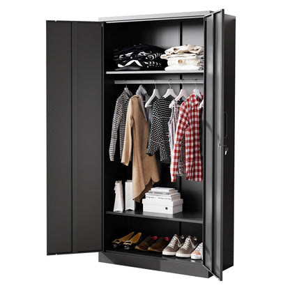 BYNSOE Metal Storage Cabinet 72'' Metal Locker with Locking Metal Storage Locker with hanging rod for Office Hospital Require Assembly (Black)