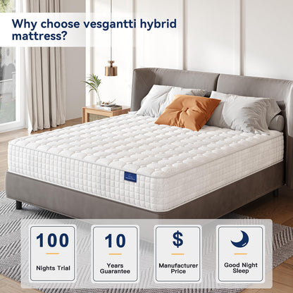 Vesgantti 8 Inch Multilayer Hybrid Full Mattress - Multiple Sizes & Styles Available, Ergonomic Design with Memory Foam and Pocket Spring, Medium Firm Feel, White