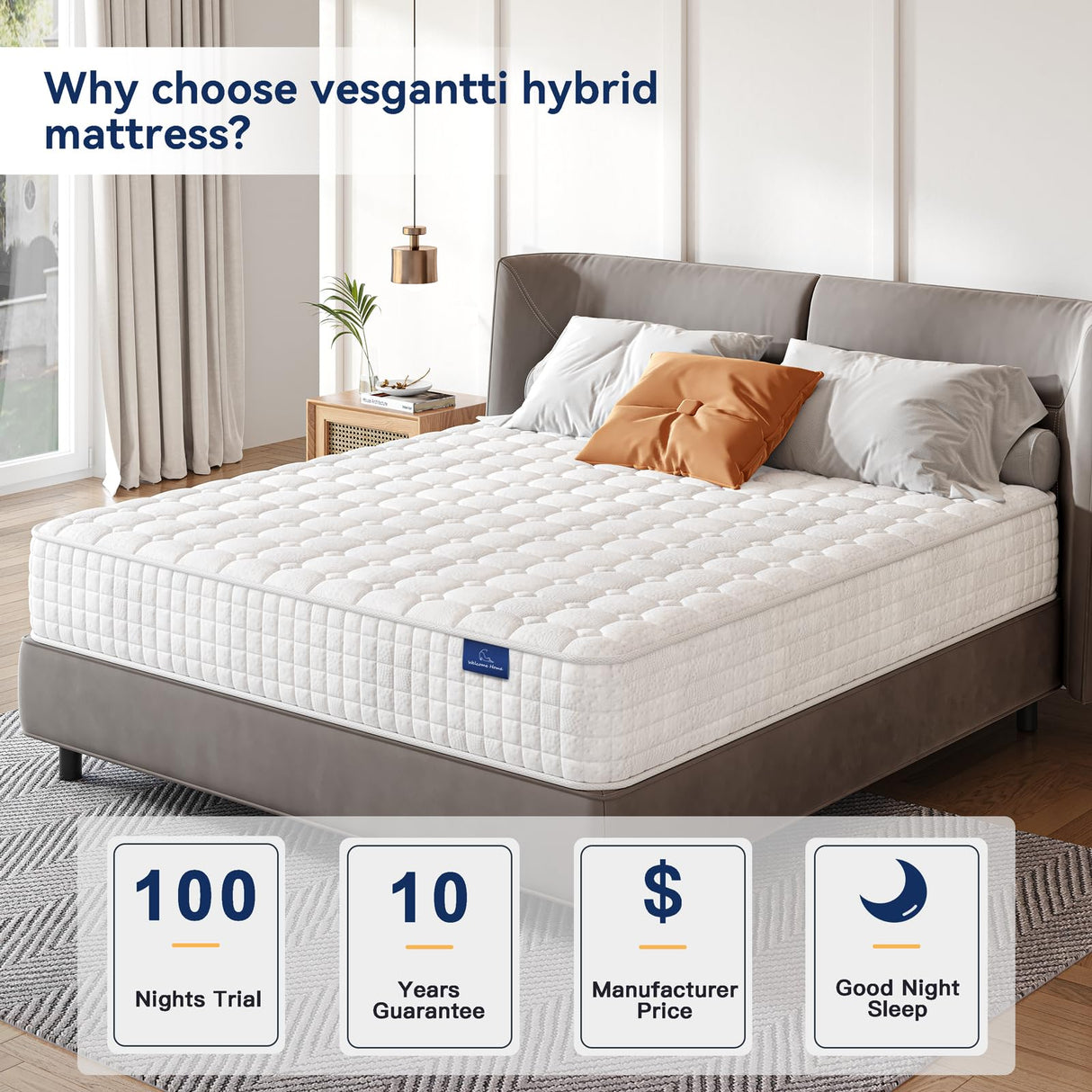 Vesgantti 8 Inch Multilayer Hybrid Twin Mattress - Multiple Sizes & Styles Available, Ergonomic Design with Memory Foam and Pocket Spring, Medium Firm Feel, White Vesgantti