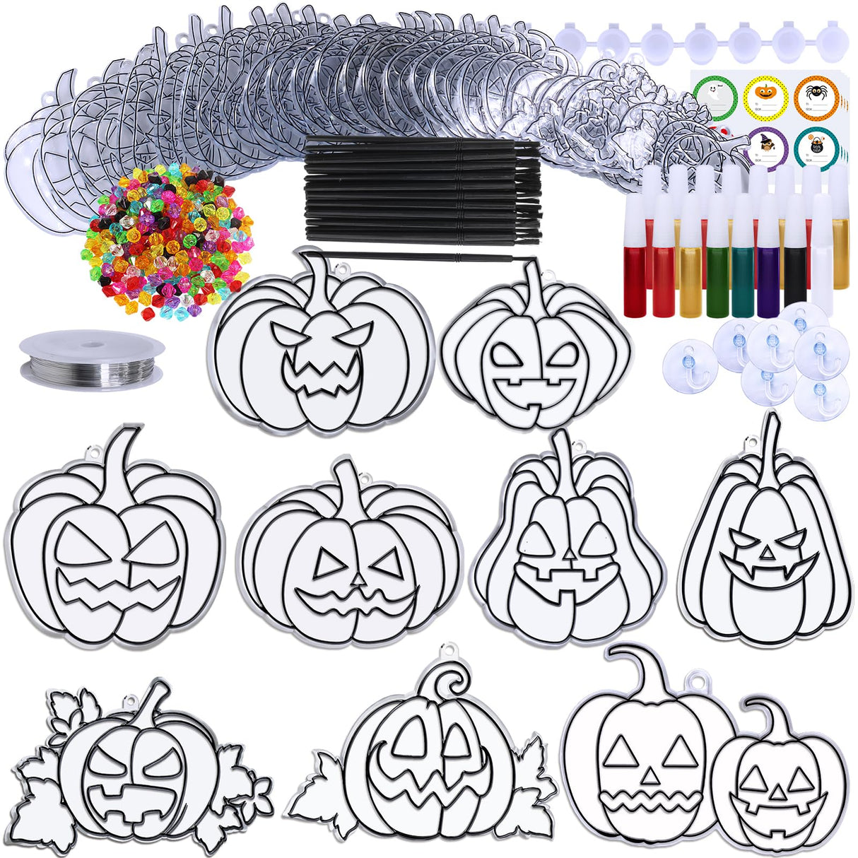 Winlyn 27 Sets Halloween Pumpkin Suncatchers Ornaments Decorations DIY Window Paint Art Suncatchers Craft Kits Jack-O'-Lantern Sun Catchers for Kids Classroom Activities Fall Halloween Art Project Winlyn