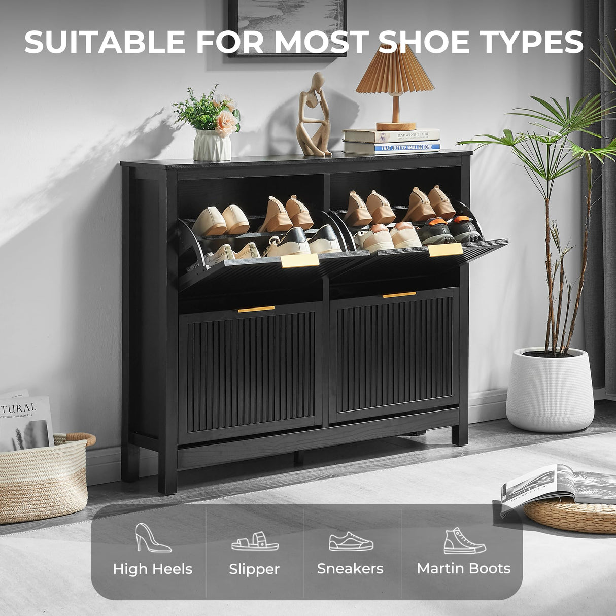 HUSHEDIFY 4 Flip Drawers Shoe Cabinet Storage for Entryway, Narrow Hidden Wood Shoes Organizer Cabinet Front Door Entrance Thin Free Standing Front Door Shoe Rack Storage for Entryway(Black) HUSHEDIFY