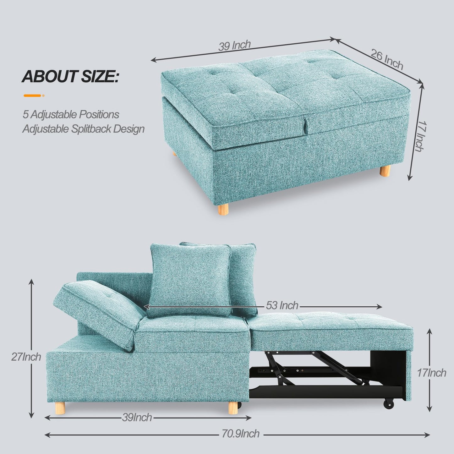 SEJOV Sleeper Sofa, 4-in-1 Convertible Ottoman Couch Bed, Modern Blue Line Futon Couch with 2 Pillows Adjustable Backrest and Armrests, Foldable Loveseat for Apartment Dorm, Office, Light Blue