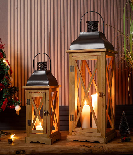 Venalys Farmhouse Wooden Metal Candle Lantern Set of 2, Rustic Large Decorative Floor Lanterns, Indoor/Outdoor Hurricane Lantern for Home Decor (No Glass) Venalys