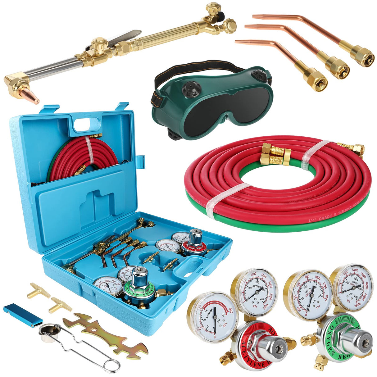 Oxygen Acetylene Torch Kit Oxy Gas Welding Cutting Brazing Set Portable Welder Tool Nozzles Regulator Hose Gauges Blue Case Cuilvu