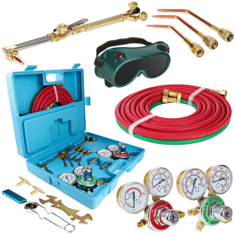 Oxygen Acetylene Torch Kit Oxy Gas Welding Cutting Brazing Set Portable Welder Tool Nozzles Regulator Hose Gauges Blue Case Cuilvu