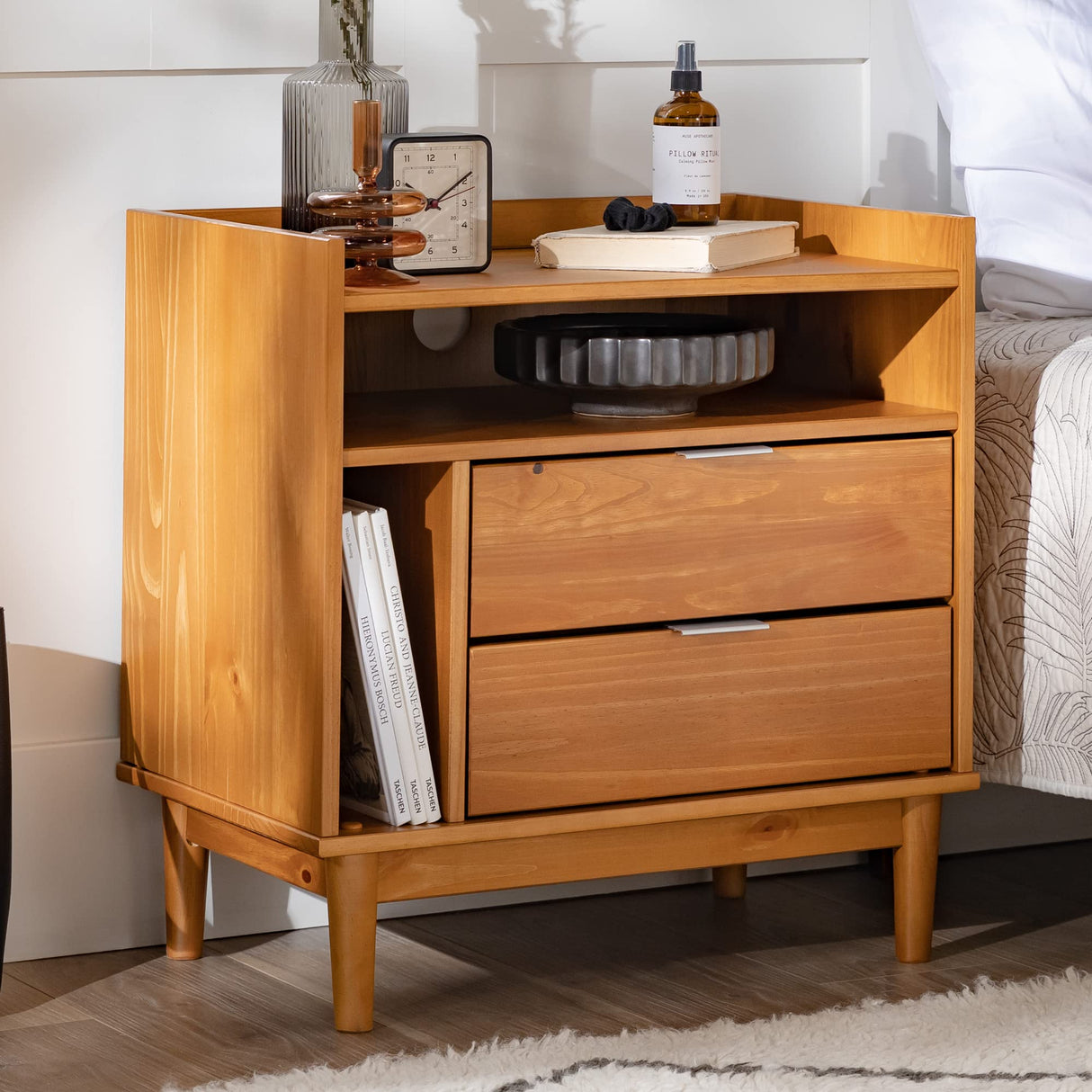 Walker Edison Blythe Mid-Century Modern Tray-Top Storage Nightstand, 25 Inch, Caramel Walker Edison