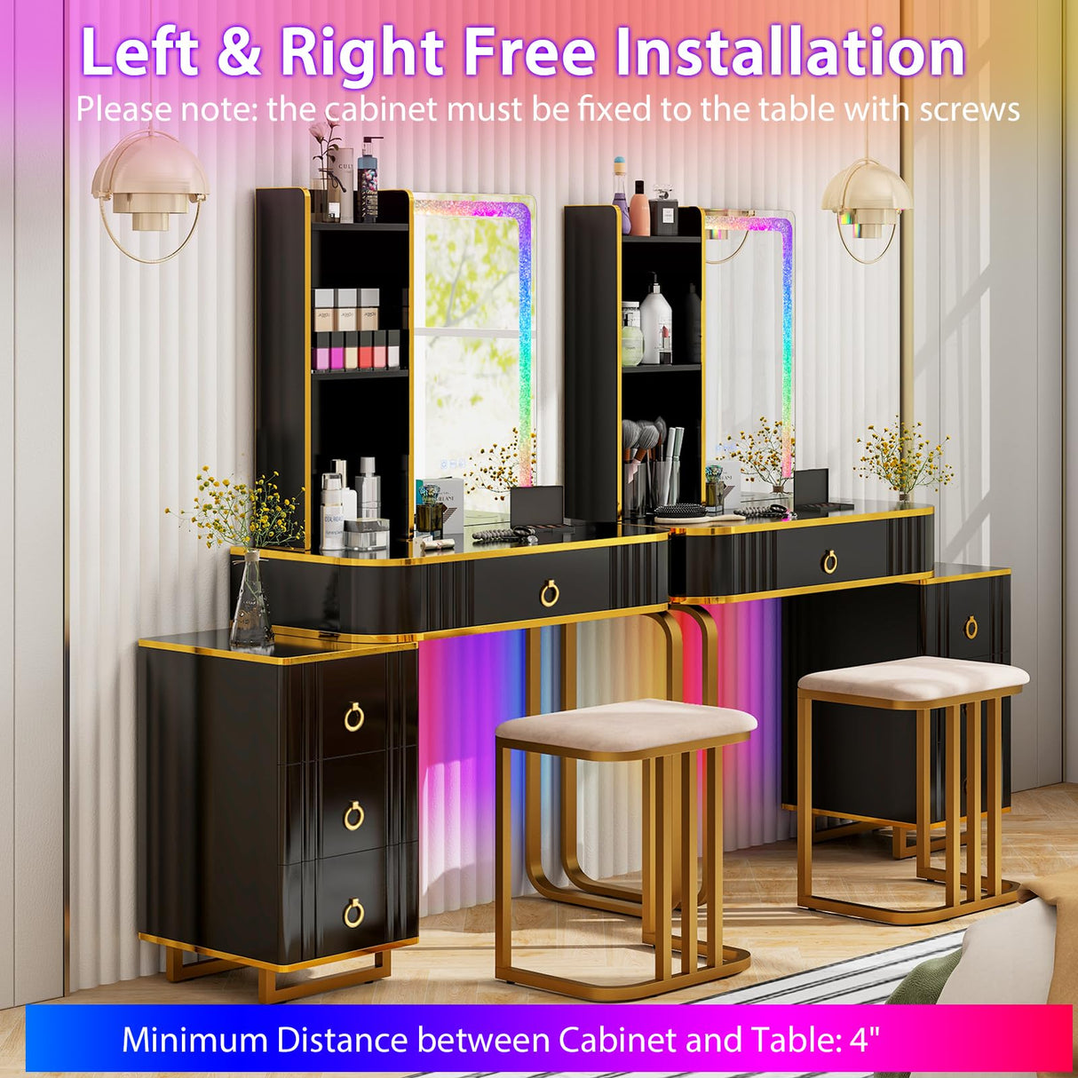 CHARMAID RBG LED Makeup Vanity Table, Colorful Lighted Mirror, 7 Dynamic & 7 Static Modes, 3-drawer Chest, 3 Shelves, Large Drawer, Girls Vanity Desk Dressing Table with Stool CHARMAID