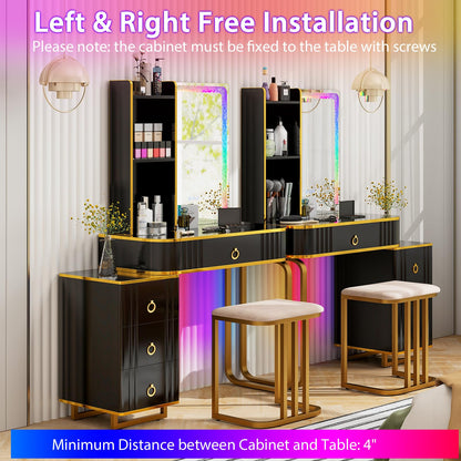 CHARMAID RBG LED Makeup Vanity Table, Colorful Lighted Mirror, 7 Dynamic & 7 Static Modes, 3-drawer Chest, 3 Shelves, Large Drawer, Girls Vanity Desk Dressing Table with Stool