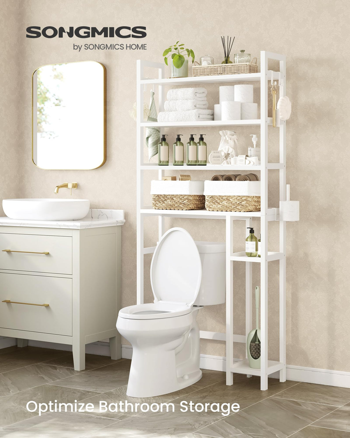 SONGMICS Over The Toilet Storage Shelf with Toilet Paper Holder, Bamboo Bathroom Organizer with Adjustable Shelves, 10.2 x 32.7 x 72.8 Inches, 4 Hooks, Storage Rack, Cloud White UBTS017W01 SONGMICS