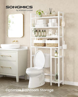 SONGMICS Over The Toilet Storage Shelf with Toilet Paper Holder, Bamboo Bathroom Organizer with Adjustable Shelves, 10.2 x 32.7 x 72.8 Inches, 4 Hooks, Storage Rack, Cloud White UBTS017W01 SONGMICS