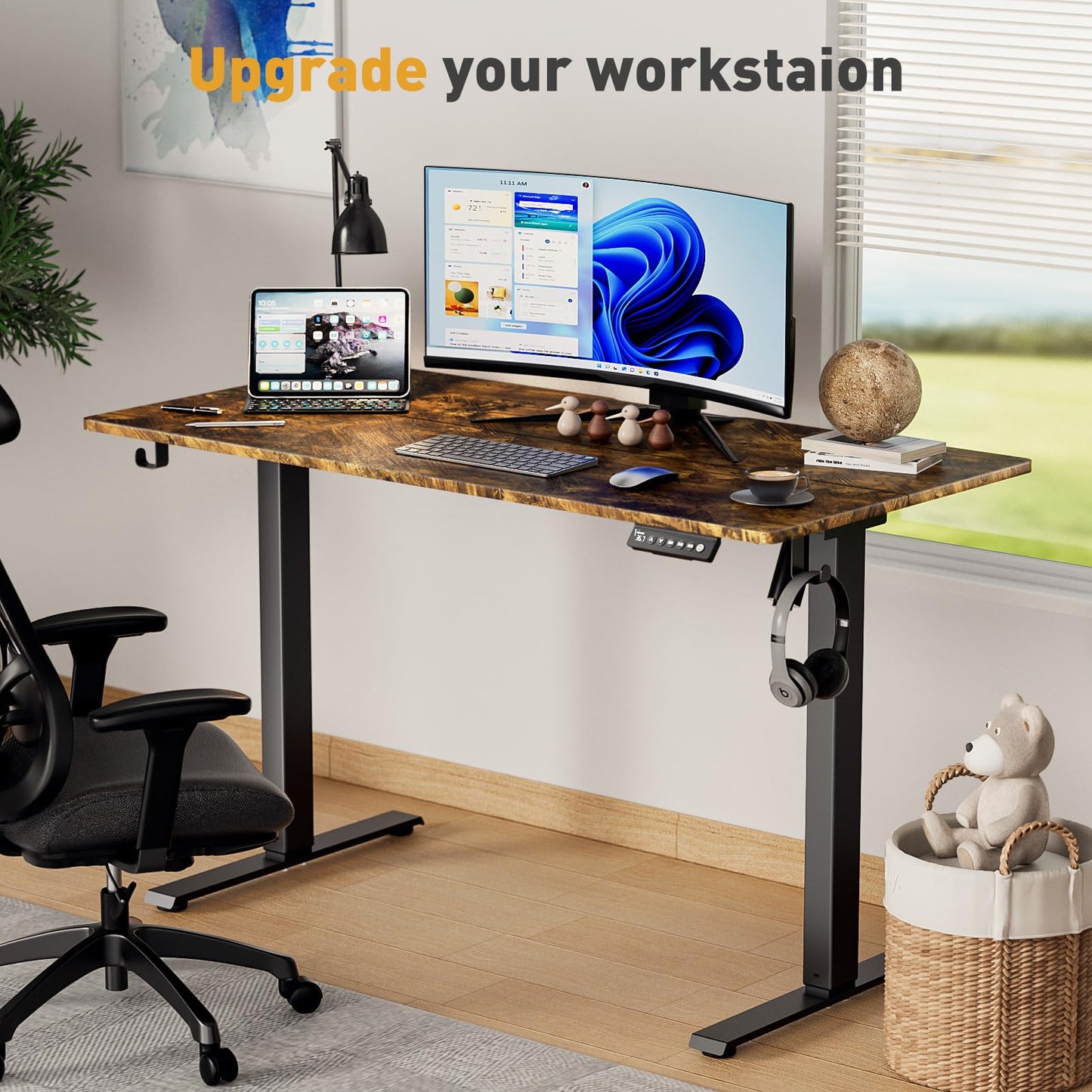 VVENACE 63 Inch Electric Standing Desk Adjustable Height with Wheels,Sit Stand Up Desk,Home Office Desk,Computer Workstation Desk,Gaming Desk,Rolling Desk,Work Desk (Spliced Desktop,Rustic Brown)