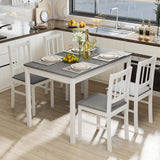 Buytime 5-Piece Dining Table Set for 4, Solid Wood Farmhouse Rectangular Kitchen Table Set with 4 Chairs, Space-Saving Wooden Dinette Set for Small Space, Dining Room, Breakfast Nook, Grey & White Buytime