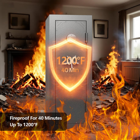 KAER Fireproof 20 Gun Safe 1400°F / 45 Minutes Biometric Gun Safe for Rifles and Pistols Rifle Safe Gun Cabinet Quick Access Gun Safes with Adjustable Shelf and Gun Rack (Gray) KAER