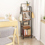 YMYNY 4 Tiers Ladder Bookcase, Industrial Narrow Bookshelf, Open Display Rack with 4 S Hooks, Metal Storage Shelves for Bedroom, Home Office, Living Room, Rustic Brown, 49.2H*13.4L*11.8W, UHBC024H YMYNY