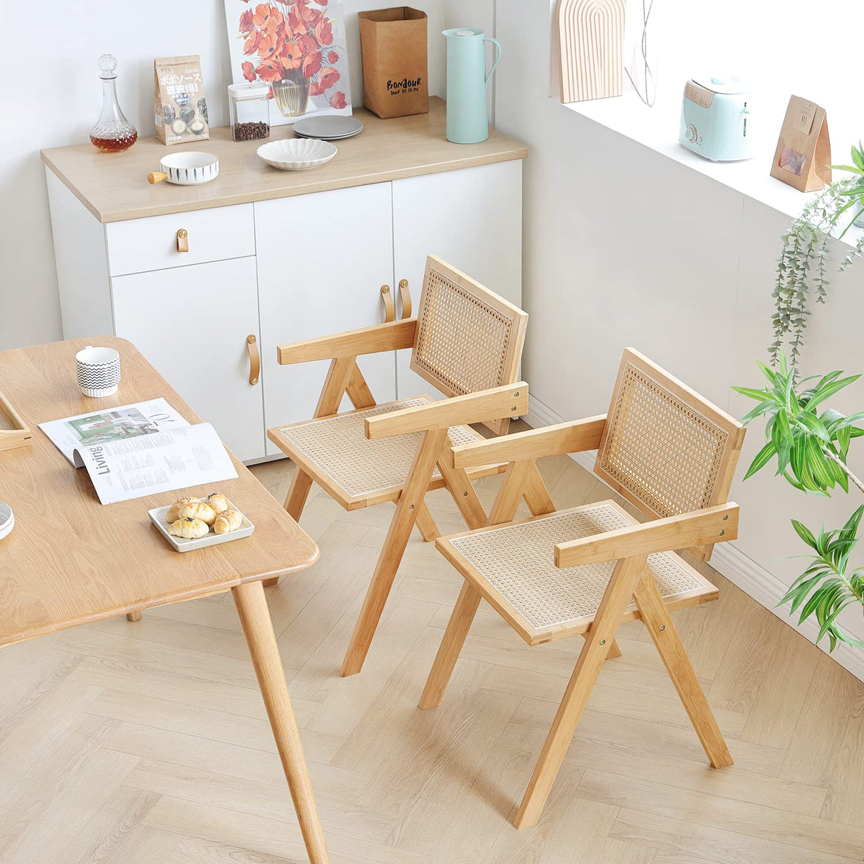 Furlide Rattan Dining Chairs Set of 2, Modern Mid Century Accent Chairs, Comfy Armchairs, Outdoor Rattan Chairs with Armrest for Bedroom Living Room Reading Room Dining Kitchen Furlide