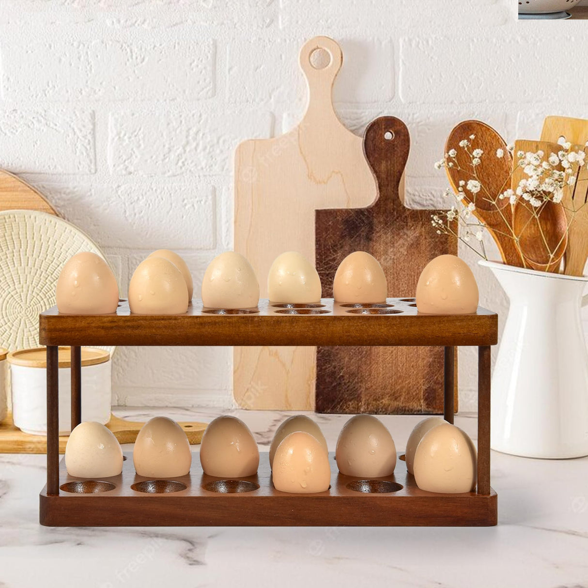 Wooden Double Layer Egg Holder - Farmhouse Kitchen Acacia Egg Tray Organizer - 2 Tier Fresh Egg Storage Rack Basket for Countertop, 36 Capacity Sishynio