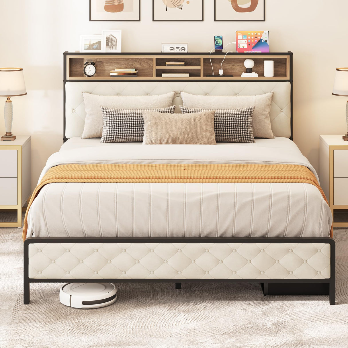 YITAHOME Queen Size Bed Frame, Platform Bed Frame with Charging Station, Upholstered Storage Headboard & Footboard Metal Slats Supports Mattress Foundation, No Box Spring Needed, Beige(No Drawers) YITAHOME