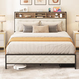 YITAHOME Queen Size Bed Frame, Platform Bed Frame with Charging Station, Upholstered Storage Headboard & Footboard Metal Slats Supports Mattress Foundation, No Box Spring Needed, Beige(No Drawers) YITAHOME