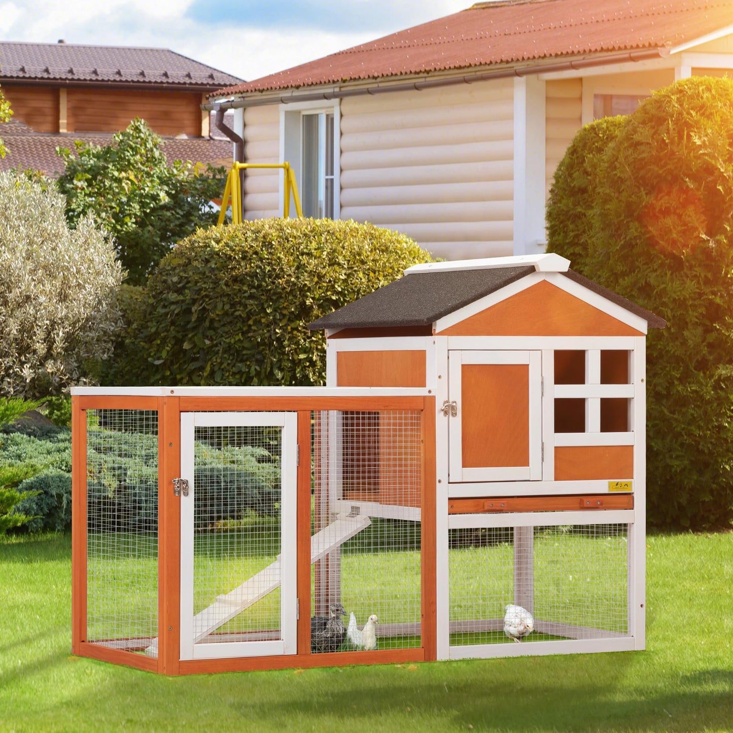 Rabbit Hutch Indoor Bunny Cage Outdoor Wooden Chicken Coop Small Animal Enclosure with Pull Out Tray & Weatherproof Asphalt Roof,48" L x 24" W x 35" H Orange