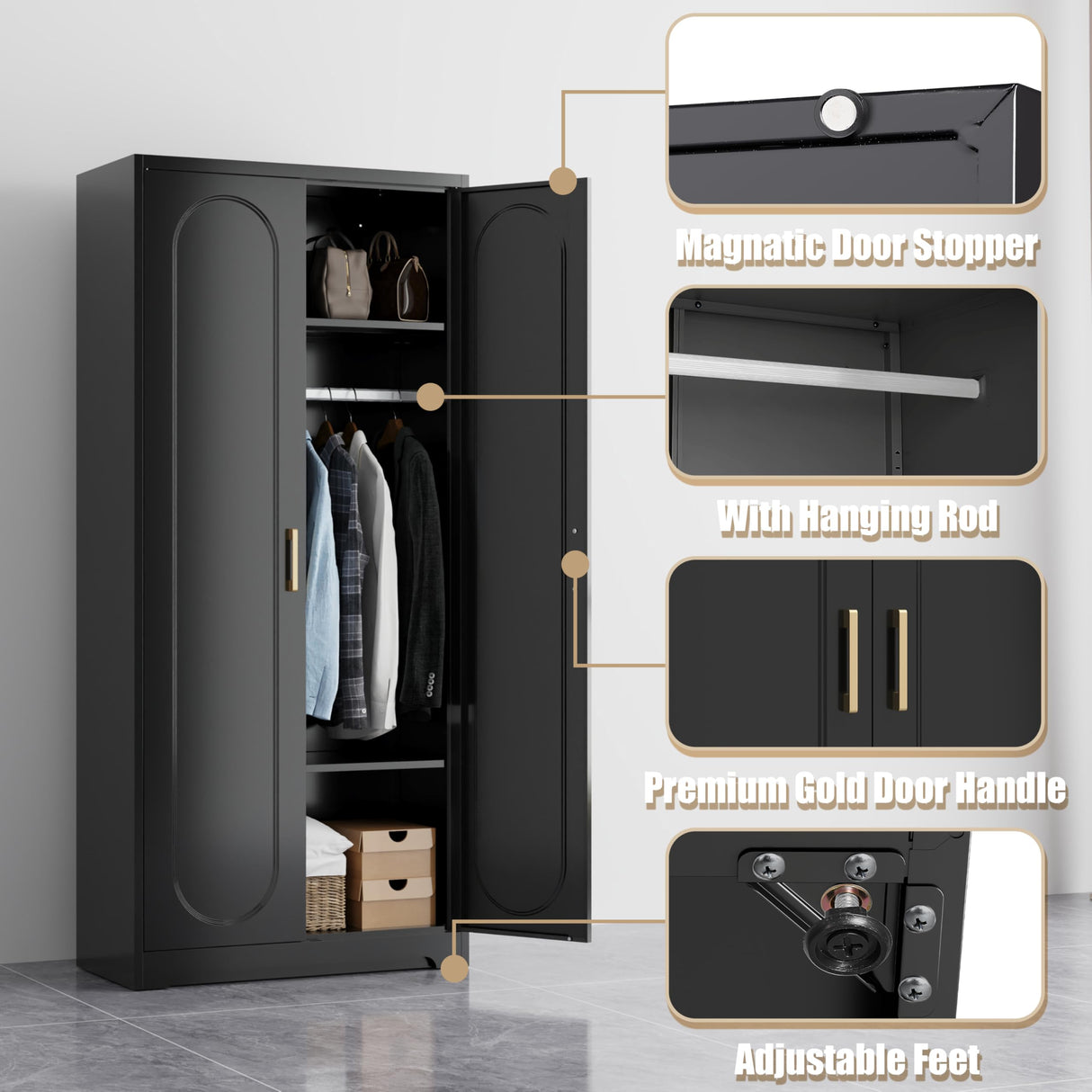 71" Tall Metal Storage Cabinet, Armoire Wardrobe Closet with Hanging Rod, Metal Clothing Storage Cabinets, Black Bedroom Armoires with Adjustable Shelves, Steel Closet Cabinet for Bathroom, Office MetalMax