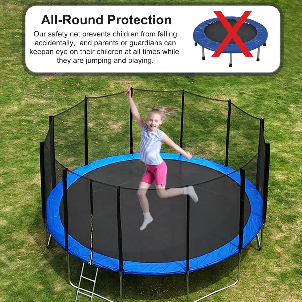SUOGROLI Trampoline Safety Net, 4/4.6/5/6/8/10/12/13/14/16FT Garden Trampoline Replacement Fences, Kids Protective Net,244cm-6Poles-8ft,Black SUOGROLI