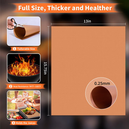 WIBIMEN Grill Mats for Outdoor Grill, Copper 7pcs Grill Mat, 100% Non-Stick PFOA Free 15.75 x 13", Heavy Duty, Reusable and Easy to Clean - Gas Charcoal & Electric BBQ