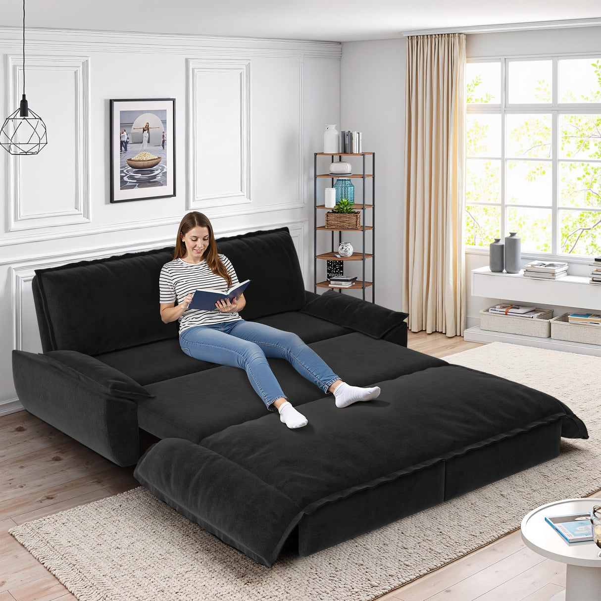 Lyngins 73.2 Inch Queen Size Sleeper Sofa Bed, 3 in 1 Convertible Pull Out Couch Velvet Loveseat Sofa Couch Bed with Pillow for Apartment, Bedroom, Living Room, Black Lyngins