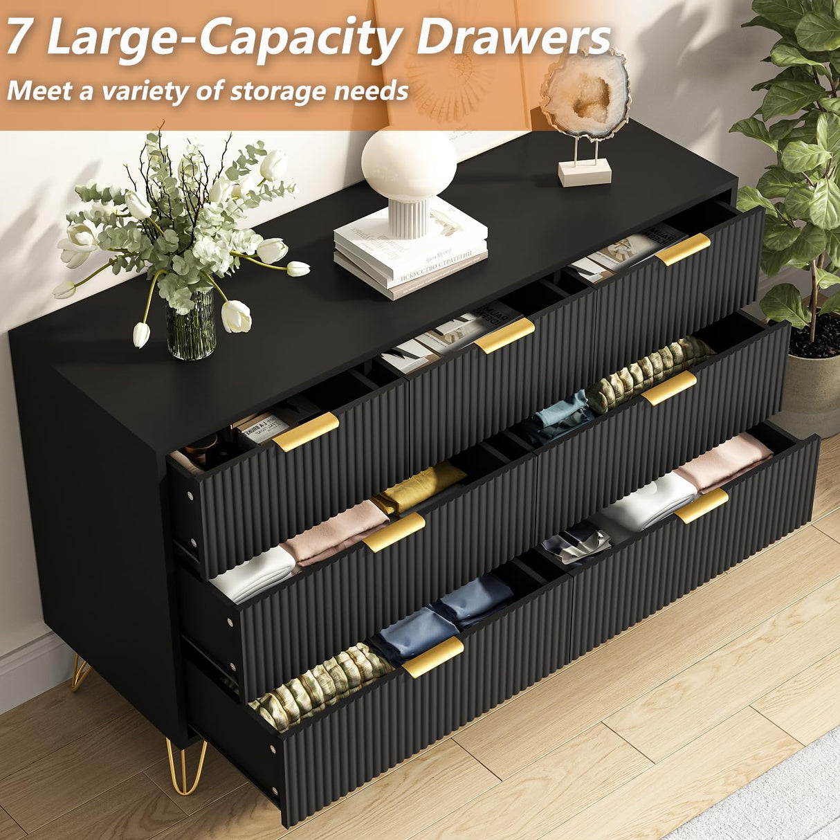 LYNSOM Dresser for Bedroom, Modern 7 Drawer Black Dresser with Metal Handles and Wide Drawer, Wood Chest of Drawers for Living Room LYNSOM