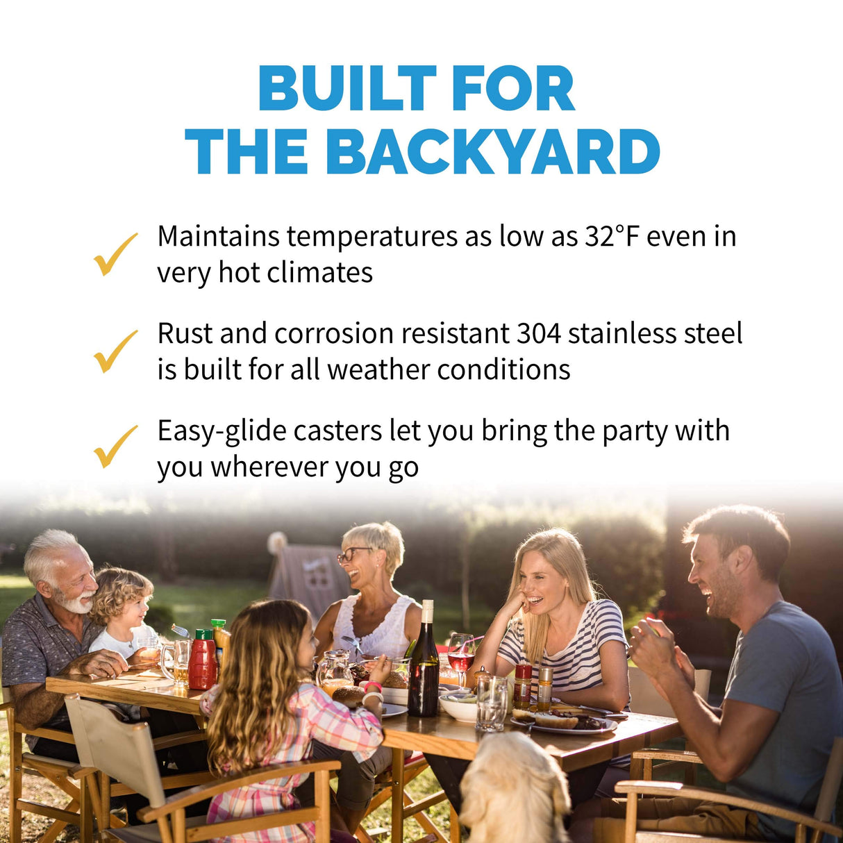 NewAir 24" Built-in 160 Can Outdoor Beverage Fridge in Weatherproof Stainless Steel with Auto-Closing Door and Easy Glide Casters. New Air Mini Fridge, Built-In or Freestanding Outdoor Fridge NewAir