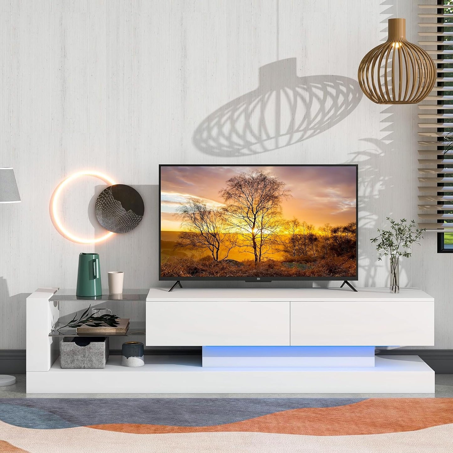 BAMACAR Modern TV Stand for 80 Inch TV, White Led Light Entertainment Center with Storage, 80 75 70 Inch TV Stands for Living Room - WoodArtSupply