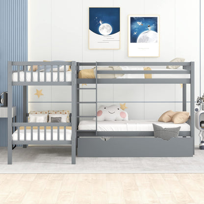 MERITLINE Quad Bunk Beds with Storage,4 Twin Bunk Bed for Kids, Solid Wood L Shaped Bunk Bed 4 Bed Bunk Beds for Kids,Teens, Adults,Grey