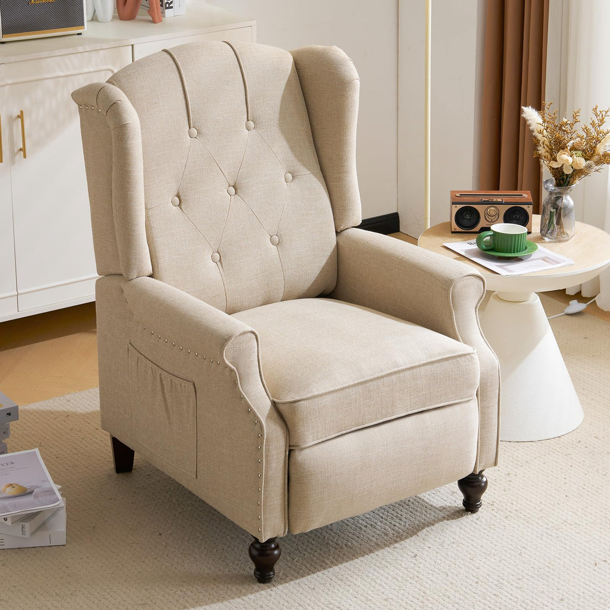 P.H.Furn Wingback Recliner Chair with Massage and Heat, Upholstered Fabric Living Room Chair Armchair with Nailhead Trim,Push Back Recliner Chair with Remote Control,Padded Cushion P.H.Furn