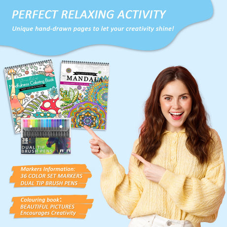 CKMOREL 2Pcs Adult Coloring Books with 36 Colors Markers, Mandala Adult Coloring Book for Women Relaxation with 48 Patterns, Colors Markers Set, Anxiety Relief Mindfulness Gifts Original & Hand Drawn CKMOREL