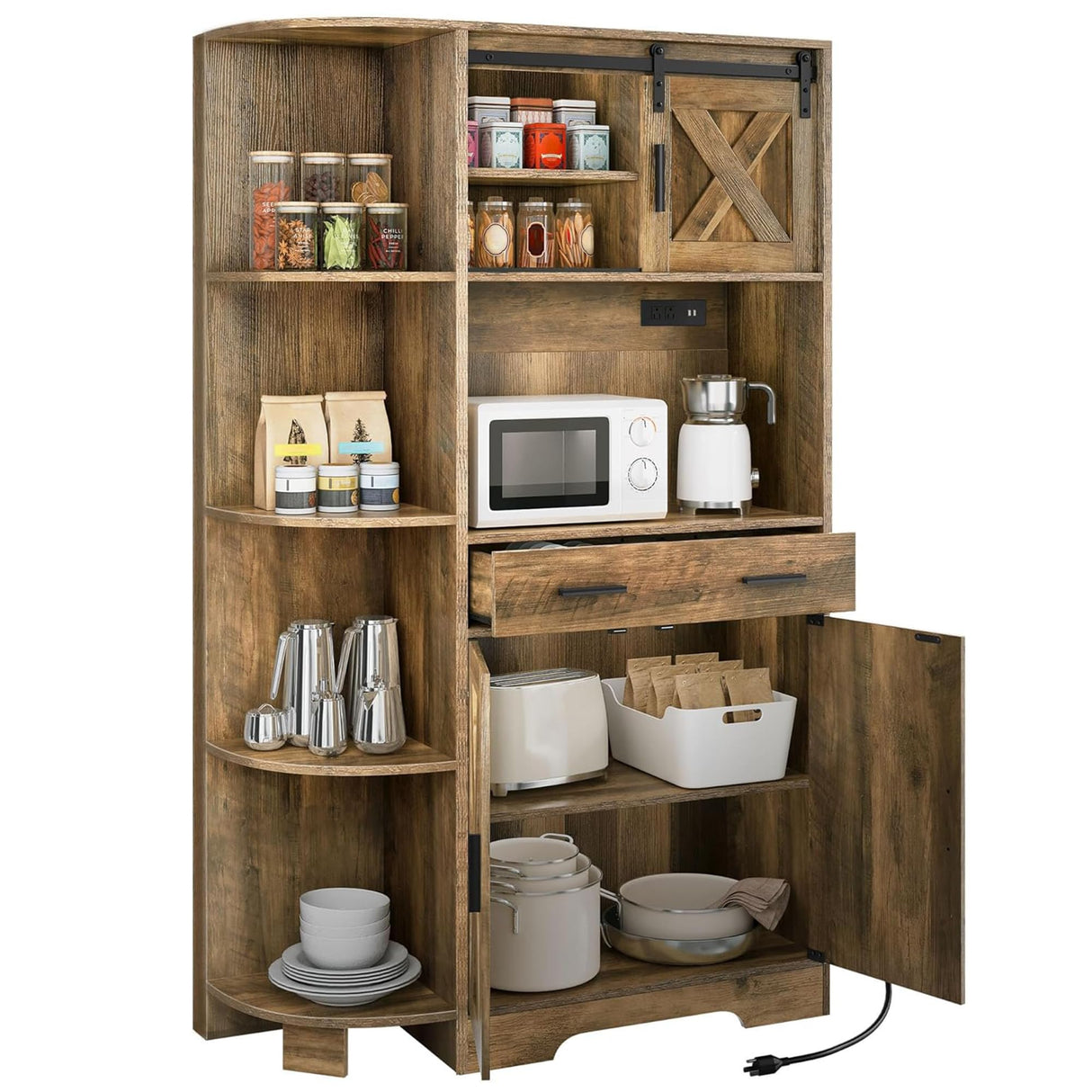 DWVO 67.3" Farmhouse Kitchen Pantry, Storage Cabinet Baker Rack with Power Outlet, Freestanding Hutch with Barn Door & Drawer, Buffet Sideboard with Microwave Stand for Dining Room, Rustic Brown DWVO