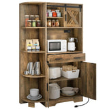 DWVO 67.3" Farmhouse Kitchen Pantry, Storage Cabinet Baker Rack with Power Outlet, Freestanding Hutch with Barn Door & Drawer, Buffet Sideboard with Microwave Stand for Dining Room, Rustic Brown DWVO